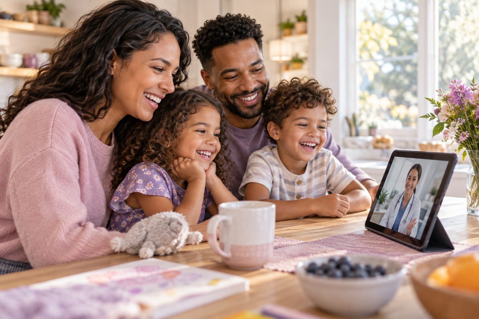 A family on a video visit together at the kitchen table