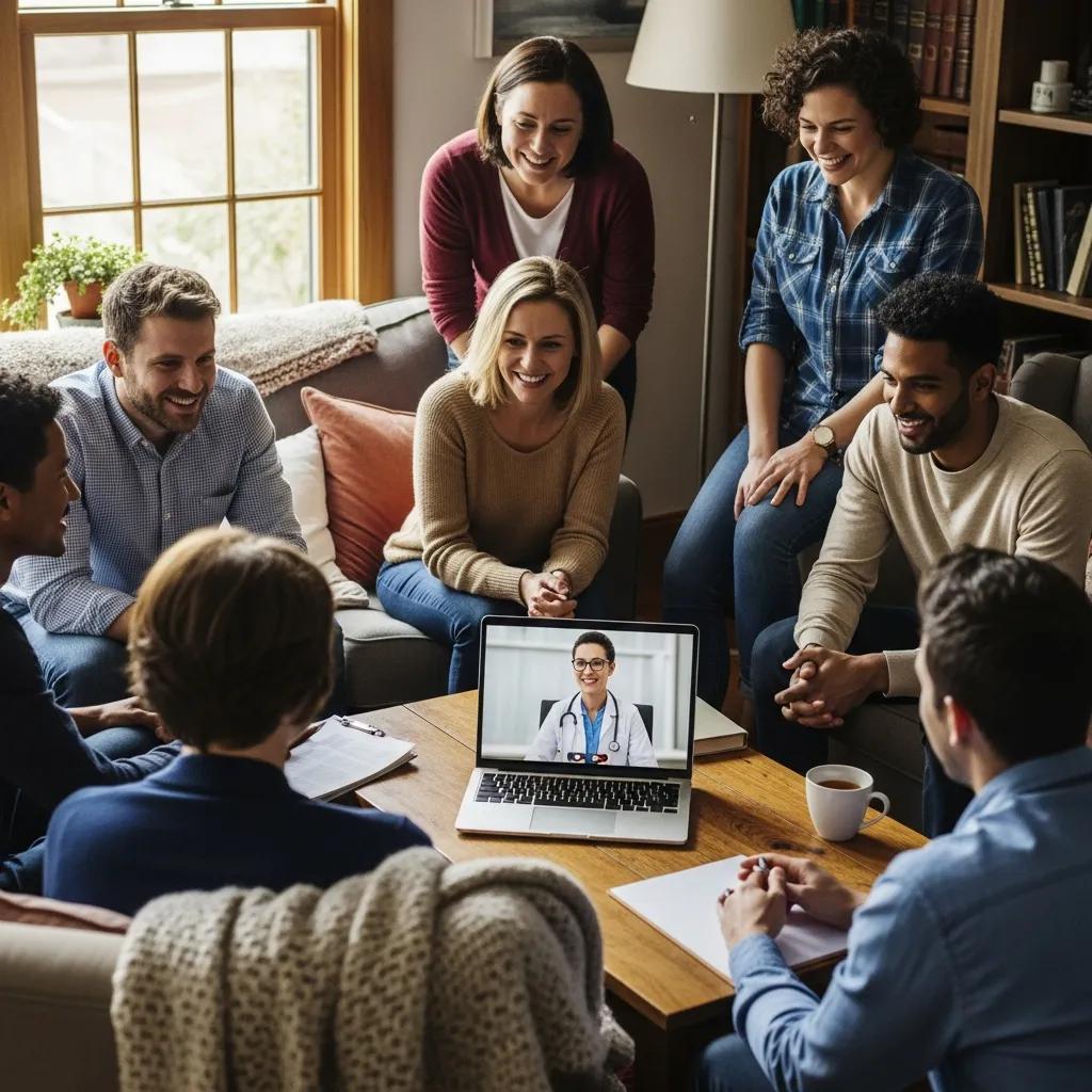 Diverse individuals participating in a virtual healthcare consultation at home, emphasizing accessibility and comfort in primary care.