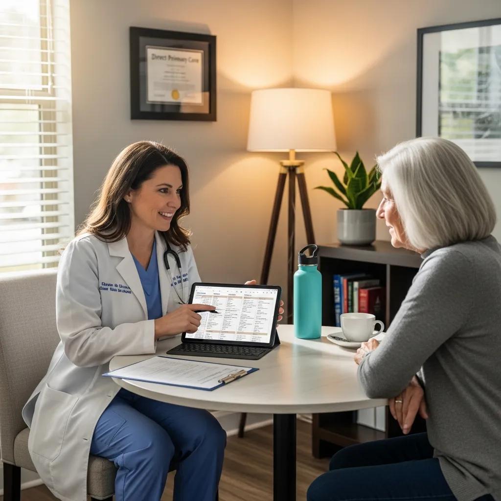 Healthcare provider and patient collaborating on a personalized care plan, illustrating effective chronic condition management in Direct Primary Care.